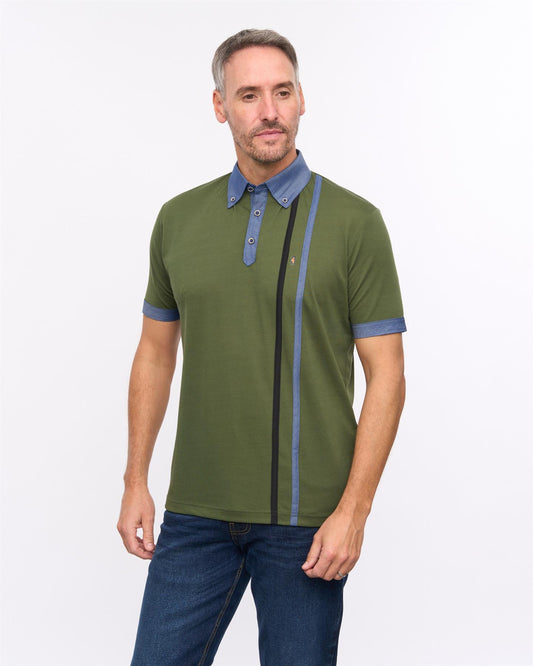 G57X05 Mens Short Sleeve Chambray Trim Jersey Polo Gabicci Heritage - KHAKI