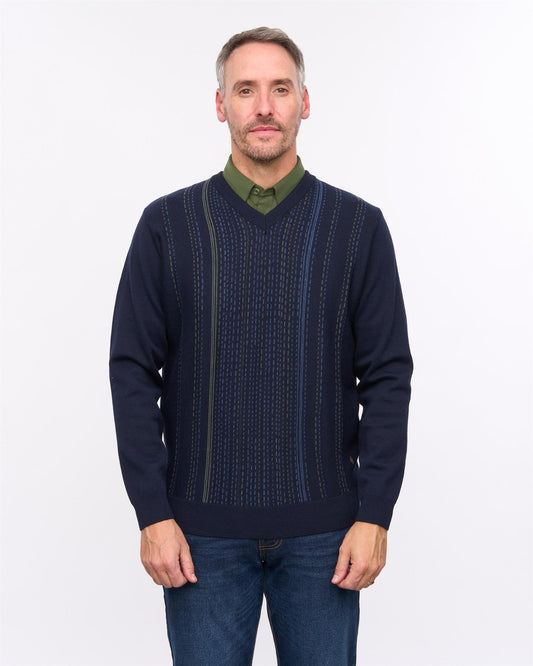G57M04 Mens Pattern Front Knit V Neck Sweater Gabicci Heritage - NAVY