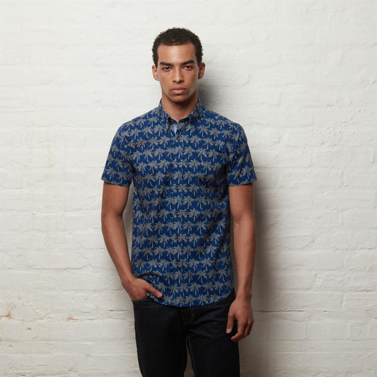 V56GW06 Mens Palmer Short Sleeve Button Under Print Shirt Gabicci Vintage - NAVY