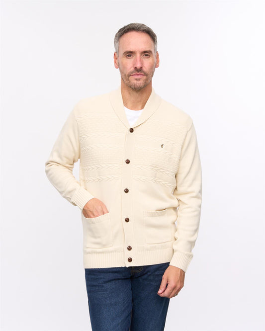 G57M14 Mens Textured Yoke Front Knit Shawl Collar Cardigan Gabicci Heritage - CREAM