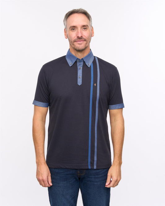 G57X05 Mens Short Sleeve Chambray Trim Jersey Polo Gabicci Heritage - NAVY