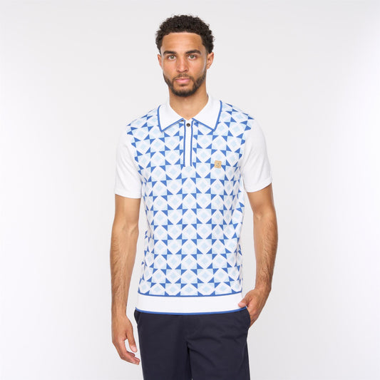 V54GM07 Mens Ted Short Sleeve Pattern Knitted Polo Gabicci Vintage - WHITE