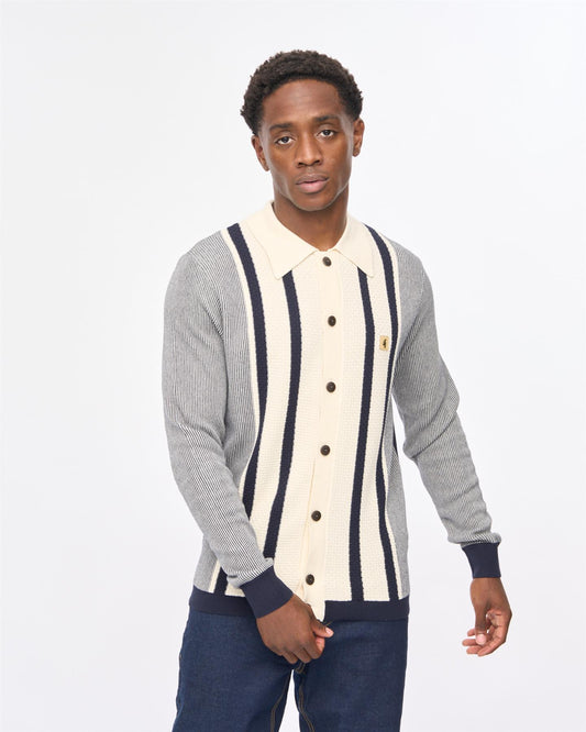 V57GM17 Mens Pascal Long Sleeve Button Thru Knit Polo Gabicci Vintage - NAVY