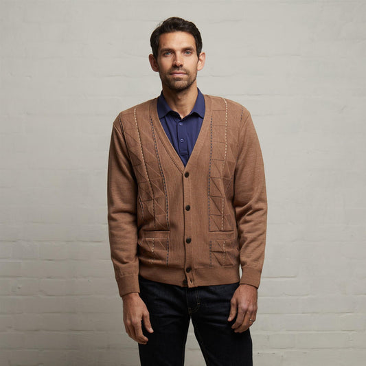 G53M07 Mens Long Sleeve Knitted Cardigan Gabicci Classic - GRANOLA