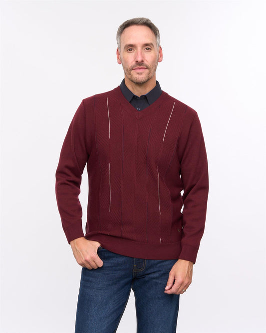 G57M01 Mens Pattern Front Knit V Neck Sweater Gabicci Heritage - CLARET