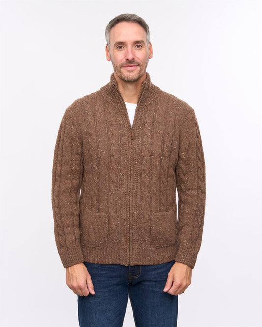 G57M22 Mens Chunky Cable Knit Zip Thru Cardigan Gabicci Heritage - CAMEL