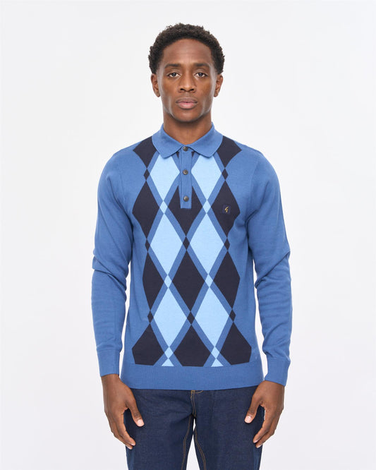 V57GM02 Mens Lagos Long Sleeve Argyle Front Knit Polo Gabicci Vintage - AIRFORCE