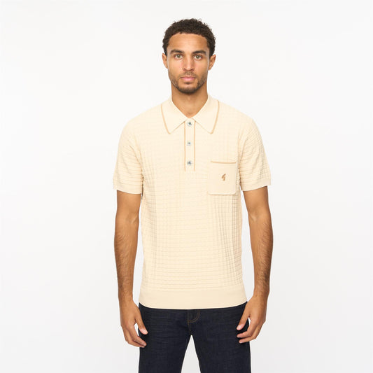 V55GM28 Mens Roy Short Sleeve Archive Knitted Three Button Polo Gabicci Vintage - LINEN