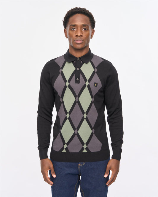 V57GM02 Mens Lagos Long Sleeve Argyle Front Knit Polo Gabicci Vintage - BLACK