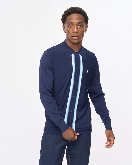 V57GM26 Mens Bromley Long Sleeve Button Thru Knit Polo Gabicci Vintage - NAVY