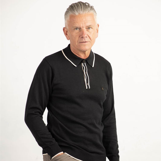 V00GM09S Mens Lineker Long Sleeve Knitted Polo Gabicci Vintage - BLACK
