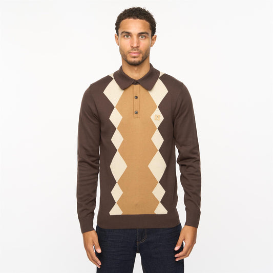 V55GM02 Mens Bond Long Sleeve Knitted Three Button Polo Gabicci Vintage - CLOVE