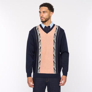 G54M02 Mens Plain Vee Kneck Pattern Front Knit Gabicci Classic - NAVY