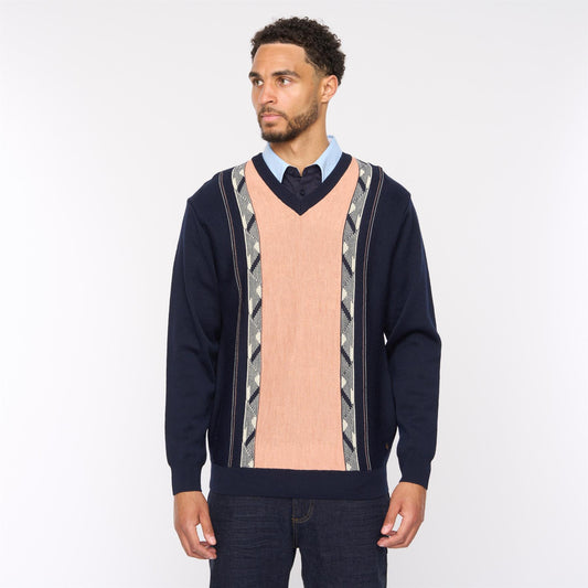 G54M02 Mens Plain Vee Kneck Pattern Front Knit Gabicci Classic - NAVY