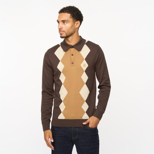V55GM02 Mens Bond Long Sleeve Knitted Three Button Polo Gabicci Vintage - CLOVE