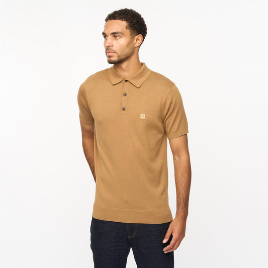 V55GK04 Mens Jackson Short Sleeve Plain Knitted Three Button Polo Gabicci Vintage - NUTMEG