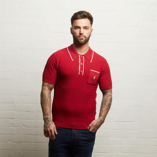 V55GM28 Mens Roy Short Sleeve Archive Knitted Three Button Polo Gabicci Vintage - CHERRY