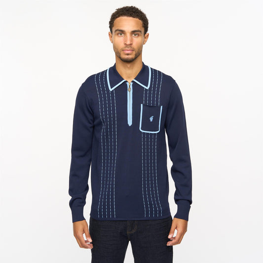 V55GM25 Mens Darron Long Sleeve Archive Knitted Zip Neck Polo Gabicci Vintage - NAVY