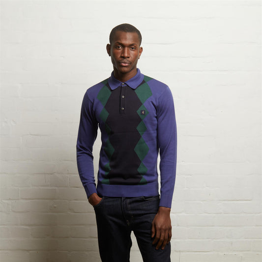 V55GM02 Mens Bond Long Sleeve Knitted Three Button Polo Gabicci Vintage - ATLANTIC