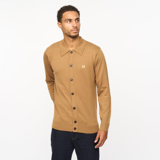 V55GK16 Mens Azima Long Sleeve Plain Knitted Button-Thru Polo Gabicci Vintage - NUTMEG