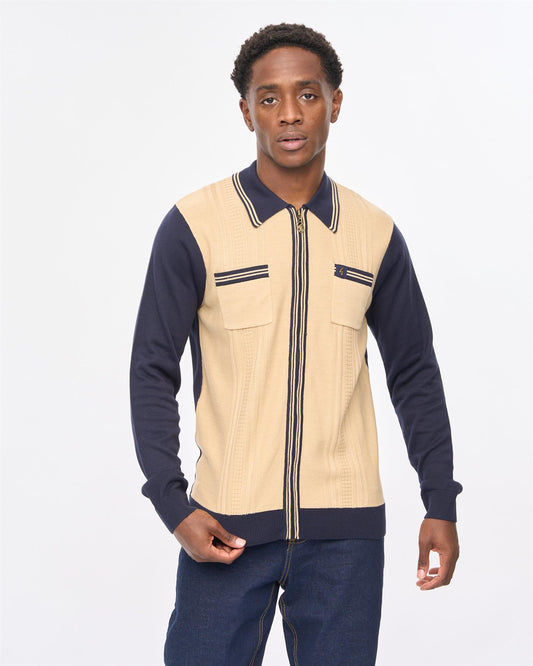 V57GM15 Mens Lucerne Long Sleeve Zip Thru Knit Polo Gabicci Vintage - NAVY