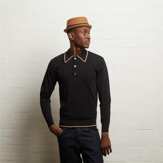 V55GM24 Mens Ned Long Sleeve Archive Knitted Three Button Polo Gabicci Vintage - BLACK