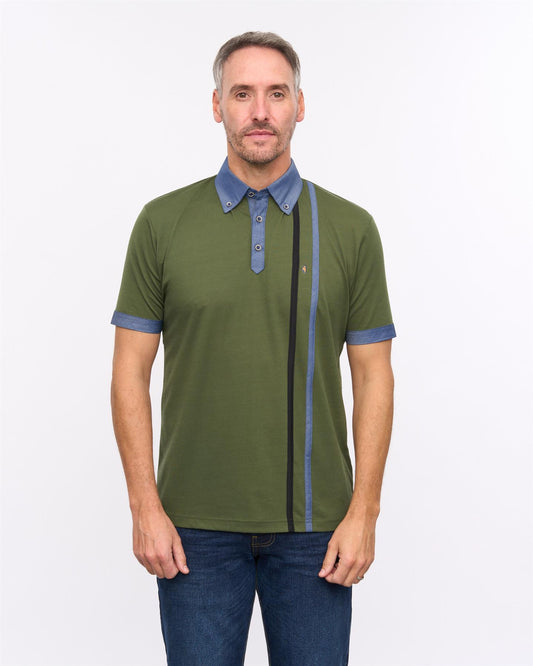 G57X05 Mens Short Sleeve Chambray Trim Jersey Polo Gabicci Heritage - KHAKI