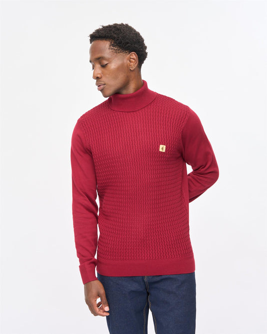 V57GM14 Mens Leonardo Long Sleeve Cable Knit Polo Gabicci Vintage - CLARET