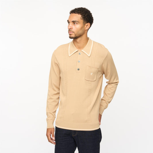 V55GM24 Mens Ned Long Sleeve Archive Knitted Three Button Polo Gabicci Vintage - NUTMEG