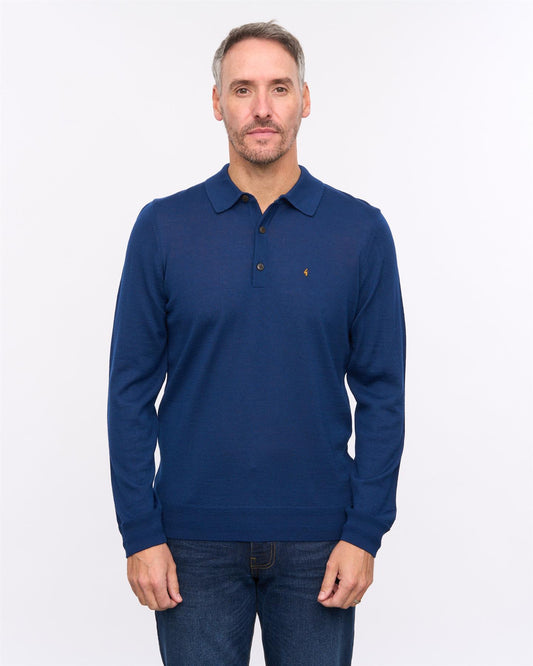 G57K20 Mens Long Sleeve Plain Merino Knit Polo Gabicci Heritage - NAVY