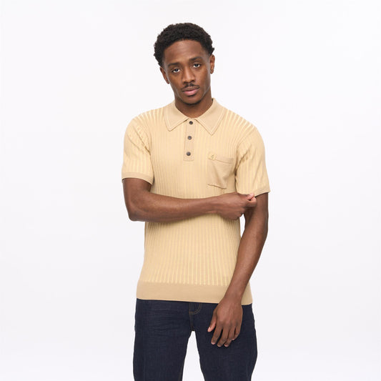 V56GM10 Mens Dimitri Short Sleeve Rib Knit Polo Gabicci Vintage - SANDSTONE