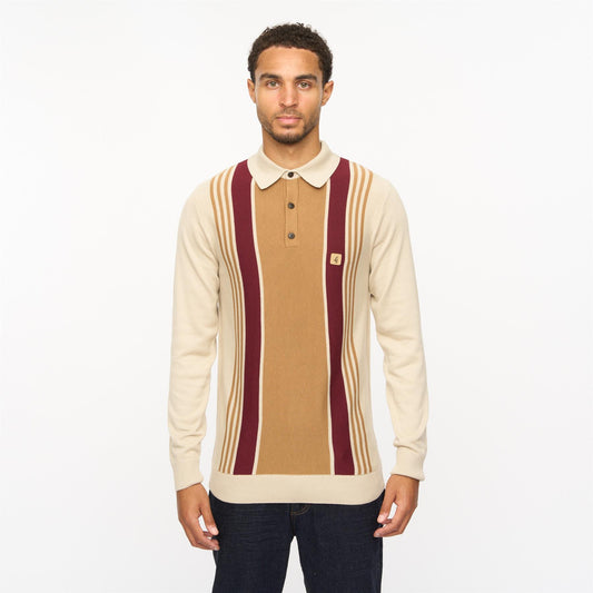 V55GM00 Mens Searle Long Sleeve Knitted Three Button Polo Gabicci Vintage - LINEN