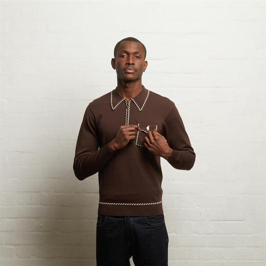 V55GM23 Mens Kiki Long Sleeve Archive Knitted Zip Neck Polo Gabicci Vintage - CLOVE