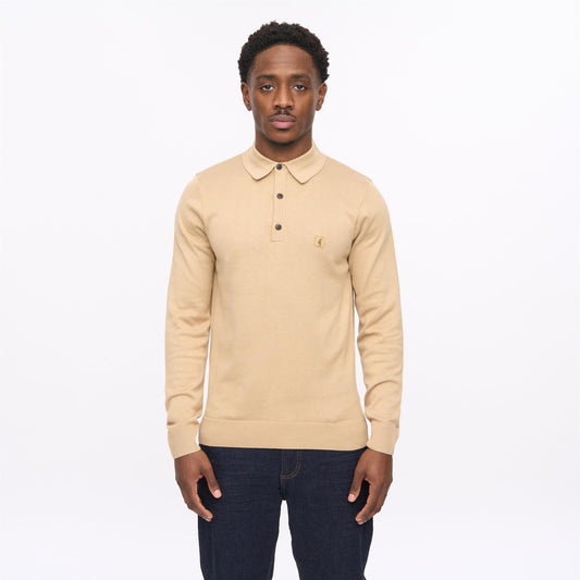 V56GK08 Mens Francesco Long Sleeve Plain Knit Polo Gabicci Vintage - SANDSTONE