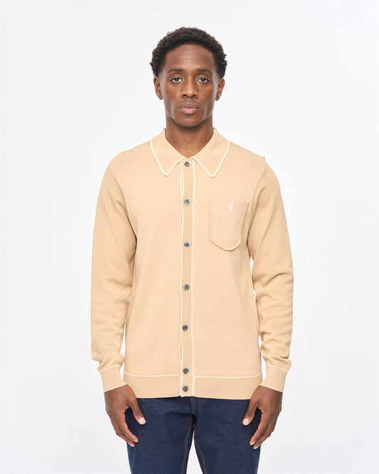 V57GM24 Mens Di-Lello Long Sleeve Button Thru Knit Polo Gabicci Vintage - CARAMEL