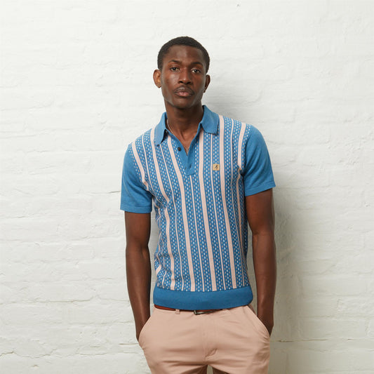 V54GM05 Mens Johnny Short Sleeve Pattern Knitted Polo Gabicci Vintage - AQUA
