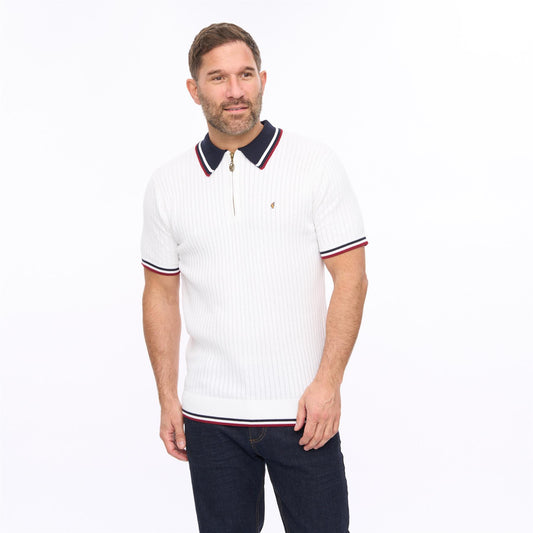 G56M08 Mens Short Sleeve Zip Neck Knit Polo Gabicci Classic - WHITE