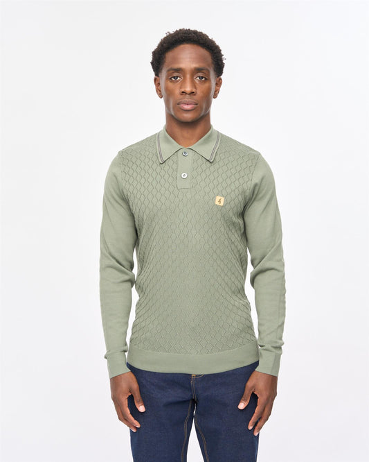 V57GM05 Mens Cambridge Long Sleeve Knit Polo Gabicci Vintage - KHAKI