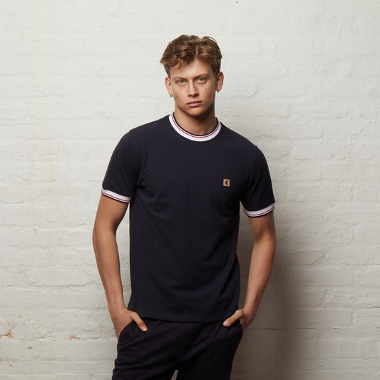 V56GX06 Mens Perry Short Sleeve Pique Ringer Crew Tee Gabicci Vintage - NAVY