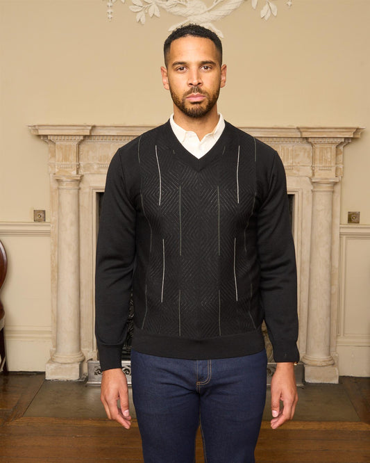 G57M01 Mens Pattern Front Knit V Neck Sweater Gabicci Heritage - BLACK