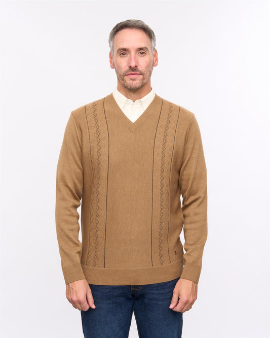 G57M03 Mens Pattern Front Knit V Neck Sweater Gabicci Heritage - CARAMEL