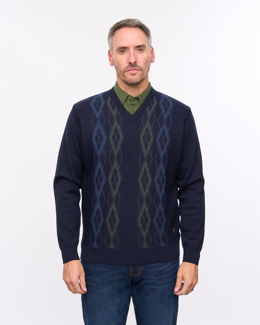 G57M02 Mens Pattern Front Knit V Neck Sweater Gabicci Heritage - NAVY