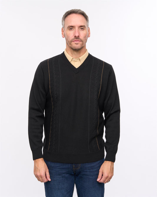 G57M03 Mens Pattern Front Knit V Neck Sweater Gabicci Heritage - BLACK