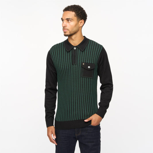 V55GM10 Mens Hansen Long Sleeve Knitted Three Button Polo Gabicci Vintage - BLACK