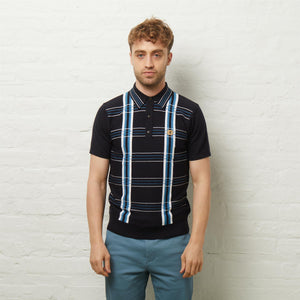 V54GM01 Mens Searle Short Sleeve Pattern Knitted Polo Gabicci Vintage - NAVY