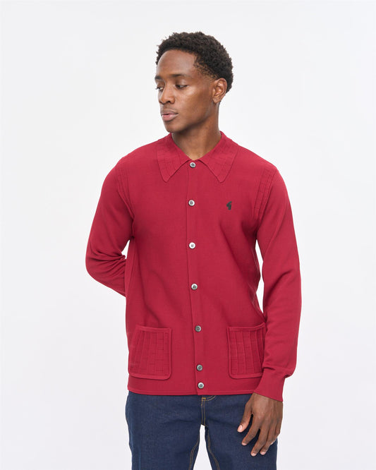 V57GM27 Mens Eddie Long Sleeve Button Thru Knit Polo Gabicci Vintage - CLARET
