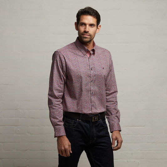G53W03 Mens Long Sleeve Printed Woven Shirt Gabicci Classic - CHERRY
