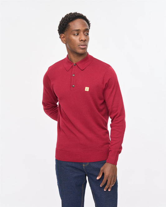 V57GK08 Mens Francesco Long Sleeve Plain Knit Polo Gabicci Vintage - CLARET