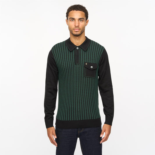 V55GM10 Mens Hansen Long Sleeve Knitted Three Button Polo Gabicci Vintage - BLACK