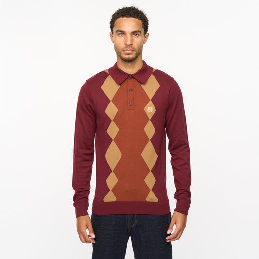 V55GM02 Mens Bond Long Sleeve Knitted Three Button Polo Gabicci Vintage - MULBERRY